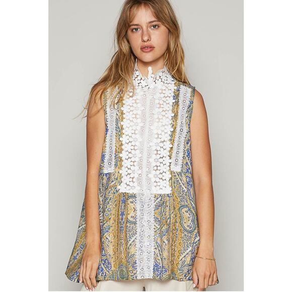 POL Lace Detail Frill Floral V-Neck Mock Neck Sleeveless Top Large Boho Flower - Picture 2 of 13